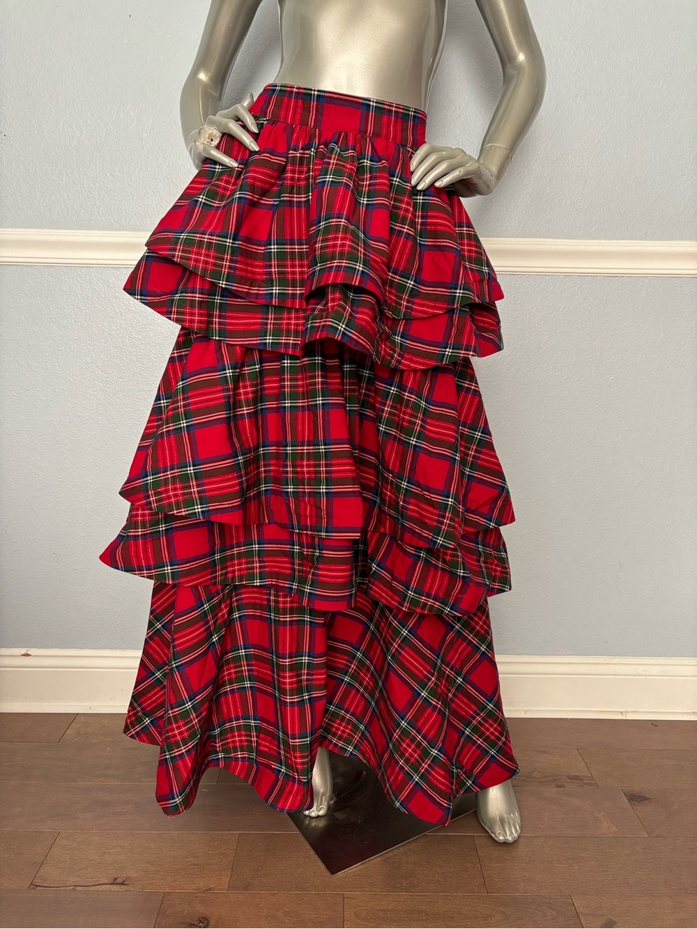 BURU Skirt NWT Teagan Full Length Shimmer Red Tartan Plaid Tiered Maxi